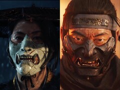Atsu (till vänster) från Ghost of Yōtei och Jin Sakai (till höger) från Ghost of Tsushima bär distinkta masker i oni-stil som symboliserar deras förvandling till fruktade legender. (Bildkälla: Sucker Punch Productions)