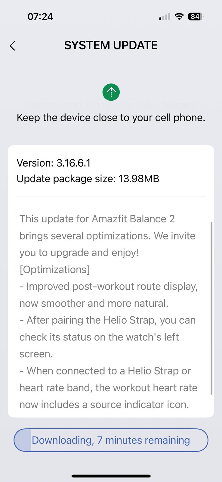 Releaseanteckningarna för version 3.16.6.1 för Amazfit Balance 2 smartwatch. (Bildkälla: u/FinishDue3792 via Reddit)