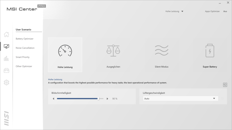 MSI Center Pro - Power Profile Hög prestanda för benchmarks, Super Battery för körtider