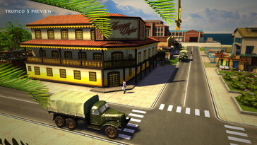 En bild som visar en byggnad och en bil i Tropico 5.