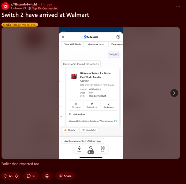 Nintendo Switch 2 Walmart lagernivåer (Bildkälla: Nintendo Switch 2 subreddit)