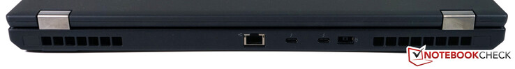 Baksidan: RJ45-LAN, 2x Thunderbolt 3 (USB typ C 3.1 Gen 2 med Power Delivery & DisplayPort), SlimTip AC-adapter