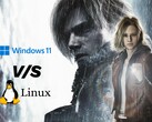 Resident Evil Requiem konstverk med Windows 11 vs Linux jämförelse grafik.