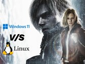 Resident Evil Requiem konstverk med Windows 11 vs Linux jämförelse grafik.