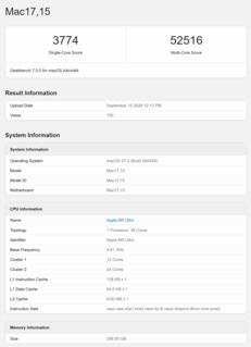 Apple M5 Ultra Geekbench 7-resultat