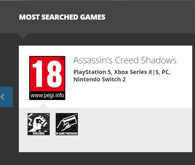Assassin's Creed Shadows PEGI-betyg (Bildkälla: skärmdump, PEGI)