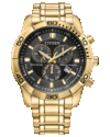 Citizen Classic Eco-Drive-kronograf med svart urtavla, guldfärgat 44 mm rostfritt stålboett och armband, fast 60-minuters bezel, tre hjälpurtavlor och datumfönster.