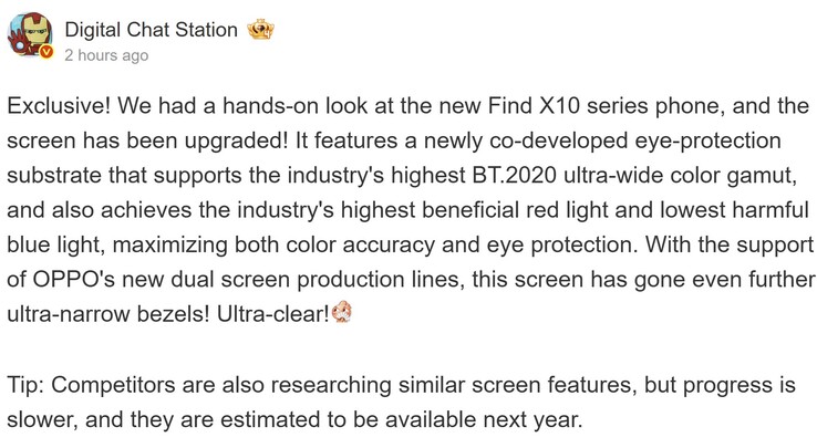 Påstådda specifikationer för skärmen på Oppo Find X10.