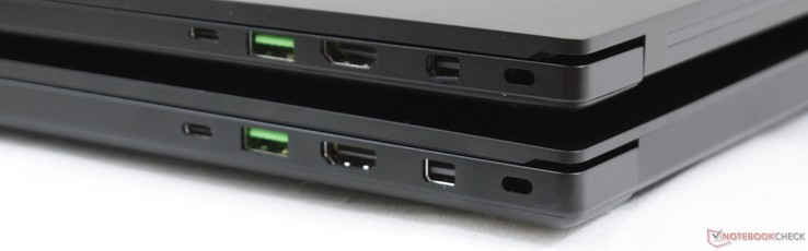 Höger: Thunderbolt 3, USB 3.1 Typ A, HDMI 2.0, mDP 1.4, Kensington-lås