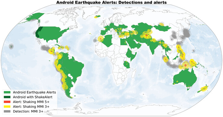 Karta som visar länder där systemet Android Earthquake Alerts för närvarande fungerar. (Bildkälla: Science/Google)