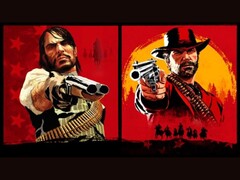 John Marston och Arthur Morgan från Red Dead Redemption riktar vapen mot betraktaren mot röda och gula bakgrunder (Bildkälla: Rockstar Games)
