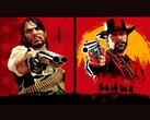 John Marston och Arthur Morgan från Red Dead Redemption riktar vapen mot betraktaren mot röda och gula bakgrunder (Bildkälla: Rockstar Games)