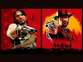 John Marston och Arthur Morgan från Red Dead Redemption riktar vapen mot betraktaren mot röda och gula bakgrunder (Bildkälla: Rockstar Games)