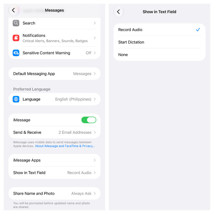 Den nya växlingsknappen ”Visa i textfältet” i Apple Messages för att dölja dikteringsknappen