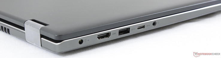 Vänster: AC-adapter, HDMI, USB 3.0, USB 3.0 Typ C, 3.5 mm kombinerat ljud