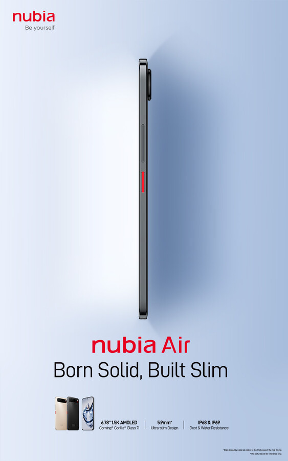 Den läckta reklambilden hävdar att Nubia Air endast är 5,9 mm tunn, med en viktig varning i fotnoten.