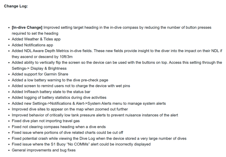 Ändringsloggen för systemprogramvara 4.05 för Garmin Descent X50i. (Bildkälla: Garmin)