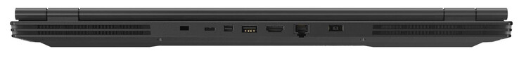 Baksidan: Cable-låsplats, USB 3.2 Gen 1 (typ C), Mini Displayport 1.4, USB 3.2 Gen 1 (typ A), HDMI 2.0, Gigabit Ethernet, AC-adapter