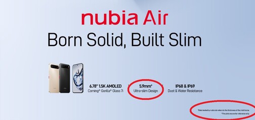 De 6,7 mm i denna Nubia Air-promobild har en fotnot