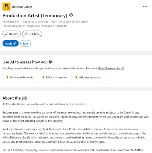 LinkedIn Rockstar Games jobbannons för produktionskonstnär visas