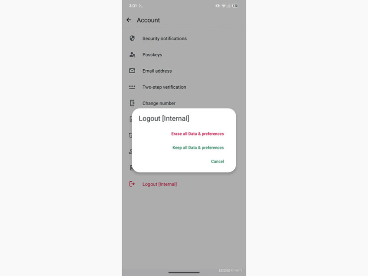 En skärmdump från den senaste WhatsApp beta som visar upp den nya Logga ut [Intern] alternativ. (Bildkälla: Android Authority)