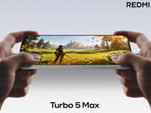 Redmi Turbo 5 Max kommer att vara en av de första telefonerna som drivs av Dimensity 9500s. På bilden: en rendering av telefonen som kör ett spel. (Bildkälla: Xiaomi - redigerad)
