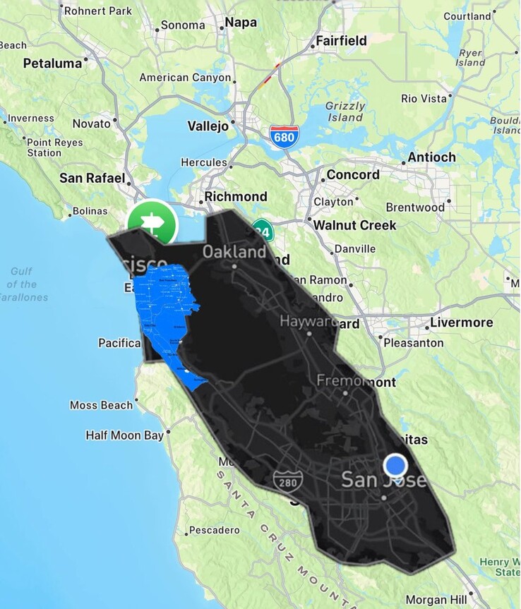 Tesla Robotaxi vs Waymo geofenced Bay Area karta. (Bildkälla: Joe Tegtmeyer/X)