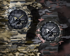 Från vänster till höger: Casio G-Shock GA-2100CM-5A och GA-2100CM-8A mot en camo-bakgrund.