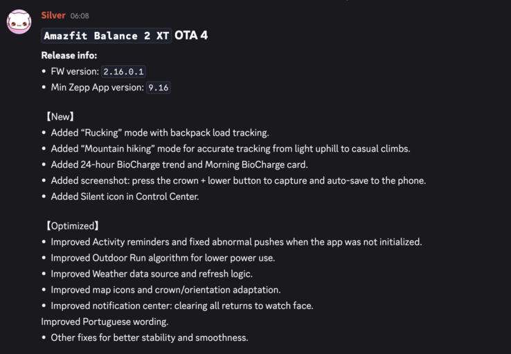 Ändringsloggen för firmwareversion 2.16.0.1 för Amazfit Balance 2 XT 
