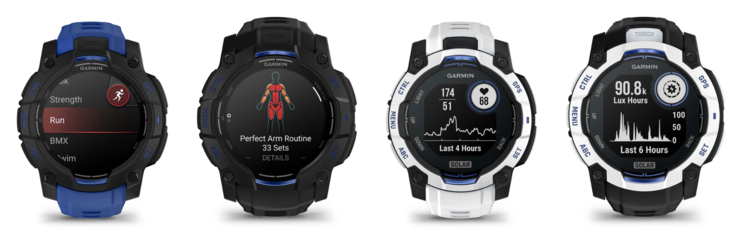 Från vänster till höger: Garmin Instinct 3 45 mm AMOLED, 50 mm AMOLED, 45 mm Solar och 50 mm Solar Supernova Collection-klockor. (Bildkälla: Garmin, redigerad)