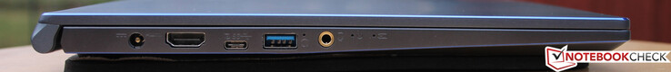 Höger sida: strömanslutning, HDMI, USB 3.1 Gen 2 Typ C, USB 3.1 Gen 1 Typ A, kombinerad 3.5 mm ljudanslutning för hörlurar och mikrofon
