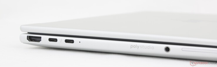 Vänster: HDMI 2.1, 2x USB-C Thunderbolt 4 med DisplayPort 2.1 + Power Delivery, 3,5 mm headset, SmartCard-läsare (tillval)