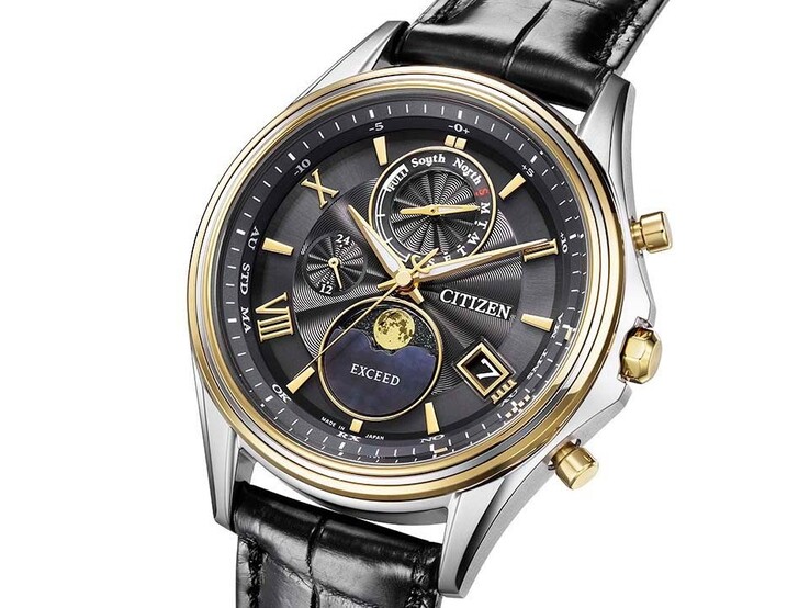 Framsidan av Citizen Exceed ”Mid-Autumn Moon” Limited Edition BY1025-17E med svart pärlemorskiva, analog månfasvisning vid klockan 6, bärnstensgula visare och markörer samt svart krokodillädersrem.