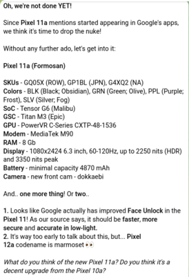 Läckta specifikationer för Pixel 11a