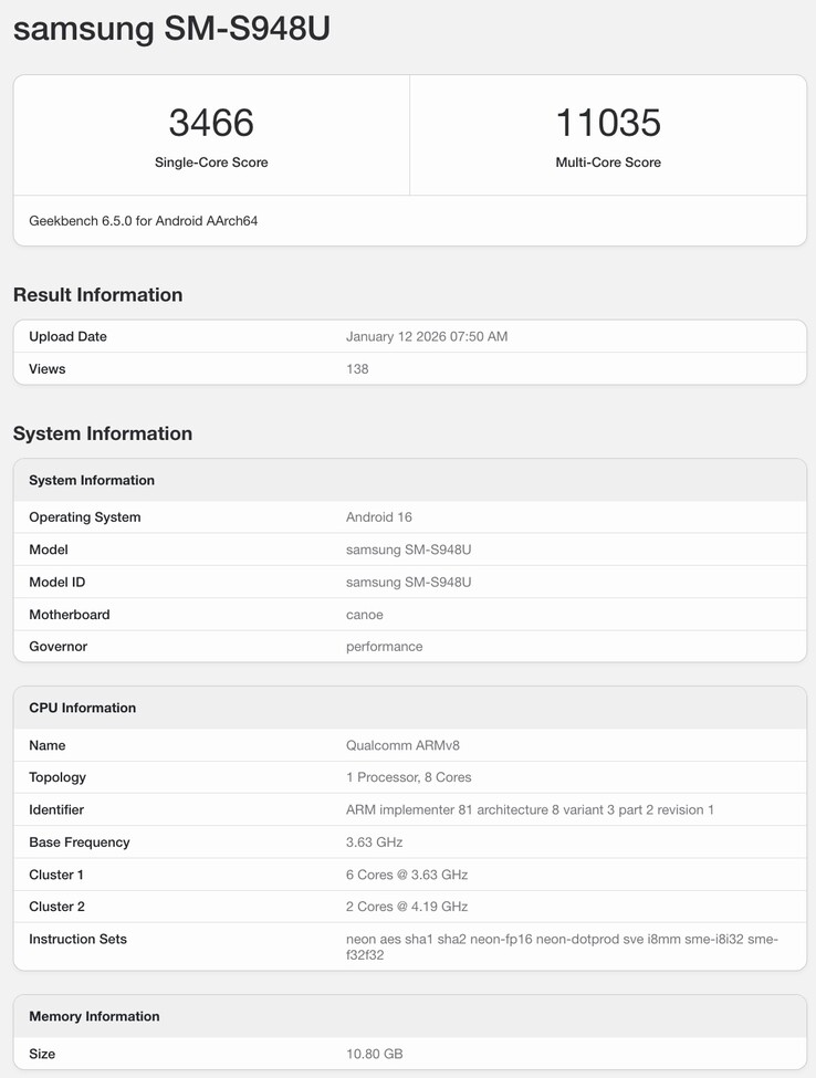 Geekbench-lista över Galaxy S26 Ultra. (Bildkälla: Geekbench)