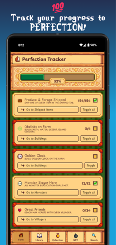 Perfektionsspåraren i Gunther's Library-appen (Bildkälla: Google Play Store)