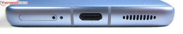 botten: dubbla SIM-kortplatser, mikrofon, USB-C 2.0, högtalare
