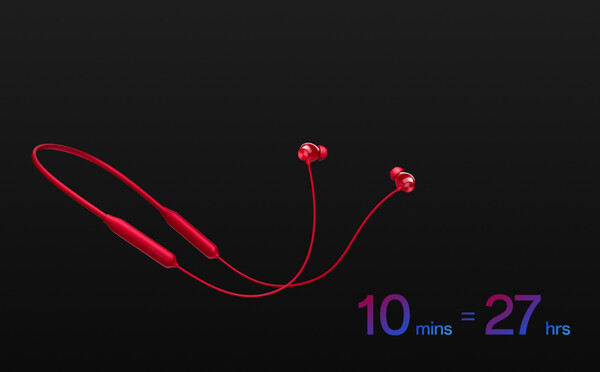 OnePlus Bullets Wireless Z3 ger 27 timmars användning efter en 10-minuters laddning. (Bildkälla: OnePlus)