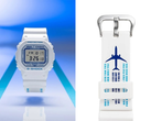 På bilden - Klockan Casio x ANA DW-5600 collab, tillsammans med en närbild av armbandet med detaljer med flygtema. (Bildkälla: @geesgshock på Instagram - redigerad)