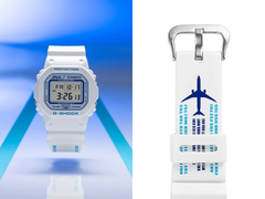 På bilden - Klockan Casio x ANA DW-5600 collab, tillsammans med en närbild av armbandet med detaljer med flygtema. (Bildkälla: @geesgshock på Instagram - redigerad)