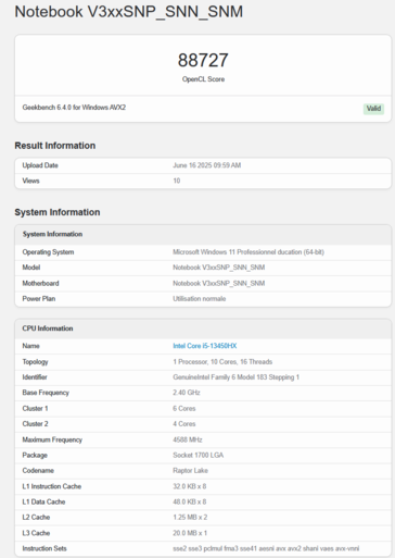 GeForce RTX 5050 bärbar dator Geekbench OpenCL (bildkälla: Geekbench)