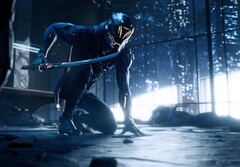 Ghostrunner-karaktär håller i ett svärd i en skyskrapa