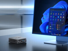 NUC150 kan utrustas med antingen Intel N150 eller Core 3 N355. På bilden: en reklambild av minidatorn bredvid en bildskärm. (Bildkälla: Minix)
