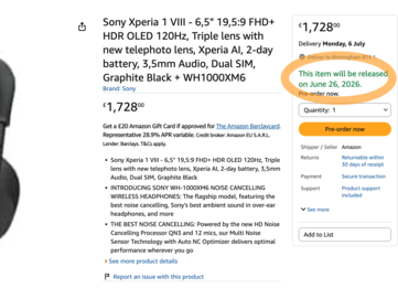 Amazon-listan bekräftar att Xperia 1 VIII ska släppas den 26 juni.