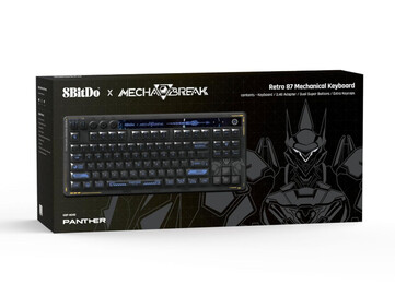 Detaljhandelsförpackningen för 8BitDo Retro 87 mekaniskt tangentbord Mecha Break: Panther Edition. (Bildkälla: 8BitDo)