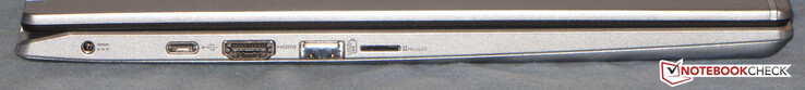 Vänster sida: strömport, USB 3.2 Gen 2 (typ C), HDMI, USB 3.2 Gen 1 (typ A), kortläsare (microSD)