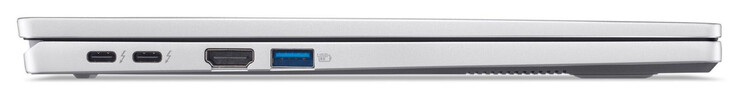 Vänster sida: 2x Thunderbolt 4/USB 4 (USB-C; Power Delivery, DisplayPort), HDMI, USB 3.2 Gen 1 (USB-A)