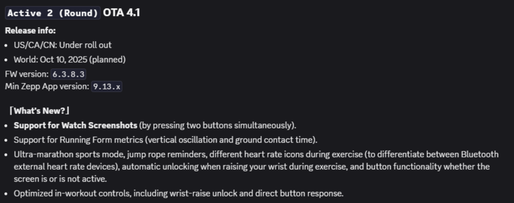 Release Notes för firmwareversion 6.3.8.3 för smartklockan Active 2 (Round). (Bildkälla: Amazfit via Discord)