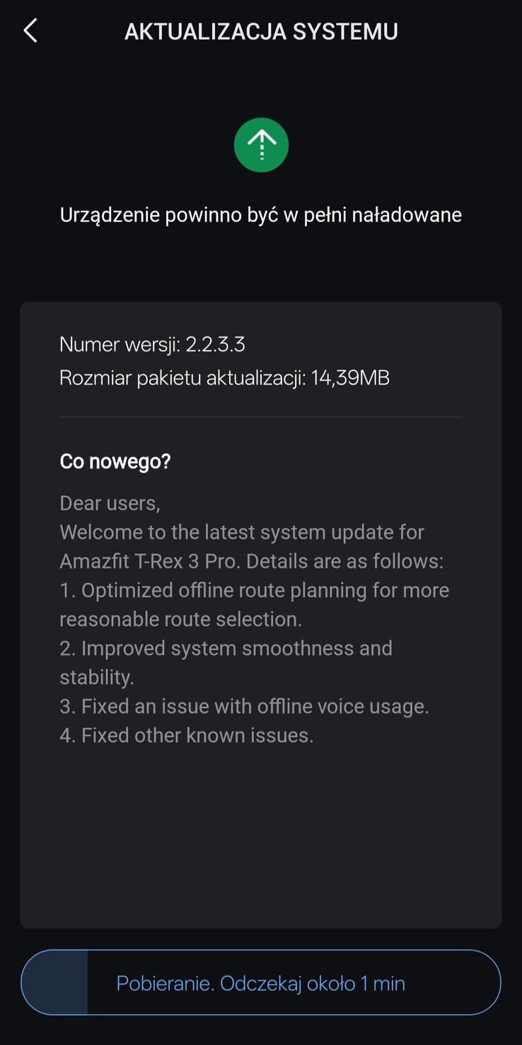 Releaseanteckningarna för uppdateringen version 2.2.3.3 för Amazfit T-Rex 3 Pro smartwatch. (Bildkälla: Amazfit)