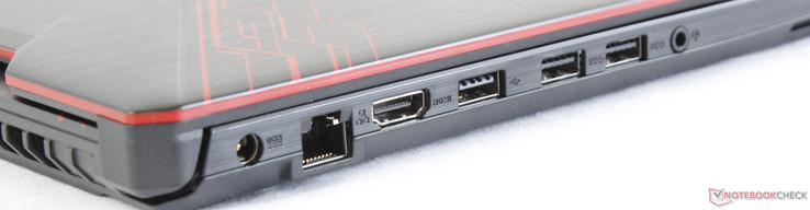 Left: AC adapter, Gigabyt RJ-45, HDMI 1.4, USB 2.0, 2x USB 3.0, 3.5 mm combo audio